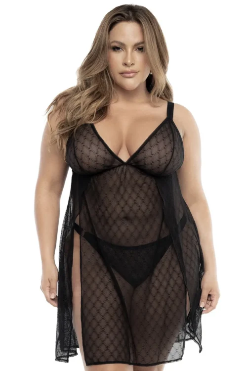 nuisette grande taille résille noire géométrique bretelles réglables fentes latérales extensible douce sensuelle silhouette flatteuse maintien ajustement glamour