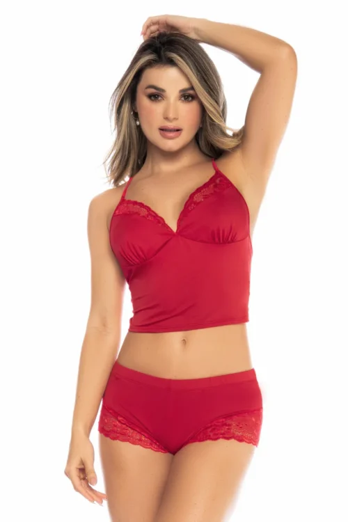 Pyjama rouge deux pièces dentelle réglable polyester élasthanne femme élégant confortable sexy délicat bretelles ajustables short dentelé extensible léger