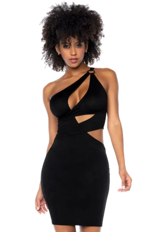 robe soirée noire asymétrique découpes anneau maille transparente extensible ajustée moulante sensuelle glamour élégante confortable sophistiquée dos travaillé