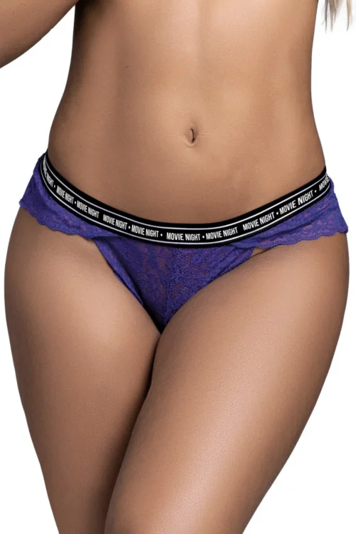 String dentelle violette ceinture élastique lettrage cinéma glamour sensuel confortable extensible polyamide élasthanne maintien discret taille haute séduction