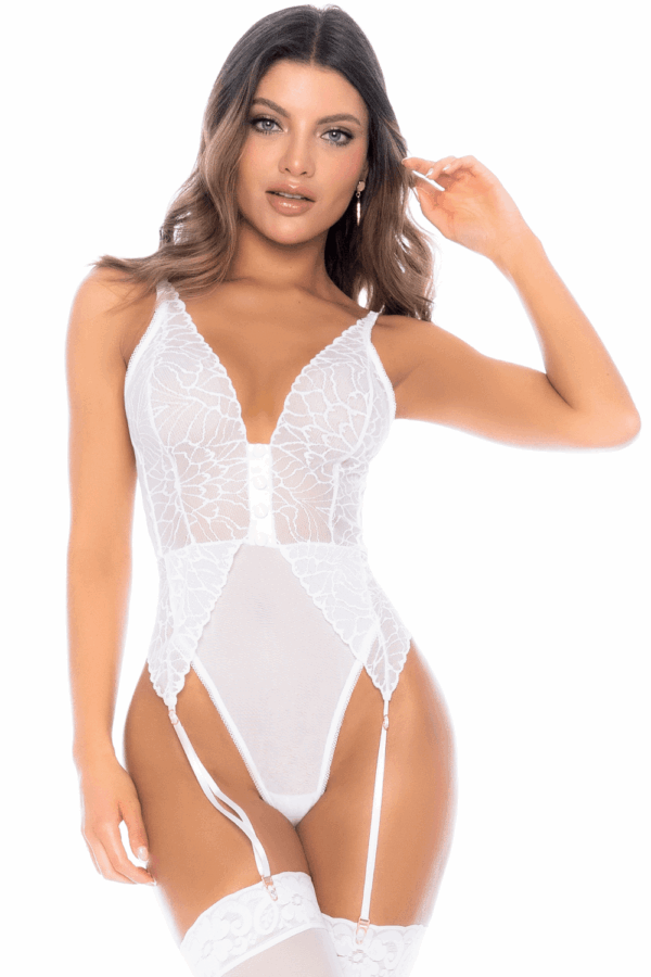 Body Blanc Dentelle Résille Jarretelles Ajustables Élégant Sensuel Femme