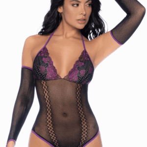 Body Résille Noir Violet Dentelle Florale Mitaines Col Licou