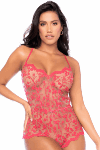Combishort en dentelle transparente couleur cerise - MAL7543CHRY – Image 2