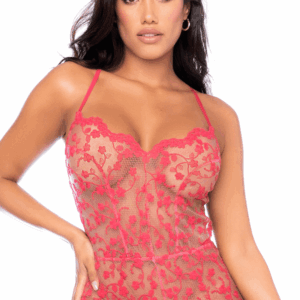 Combishort De Nuit Dentelle Brodée Couleur Cerise Bretelles Réglables