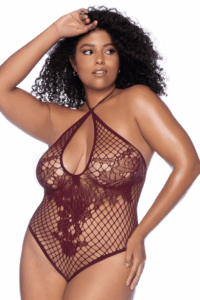 Body String Grande Taille Résille Cerise Décolleté Modulable Floral Dos Lacé – Image 2