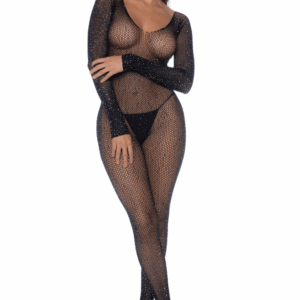 Combinaison Noire Résille Manches Longues Strass Soirées Élégantes Glamour