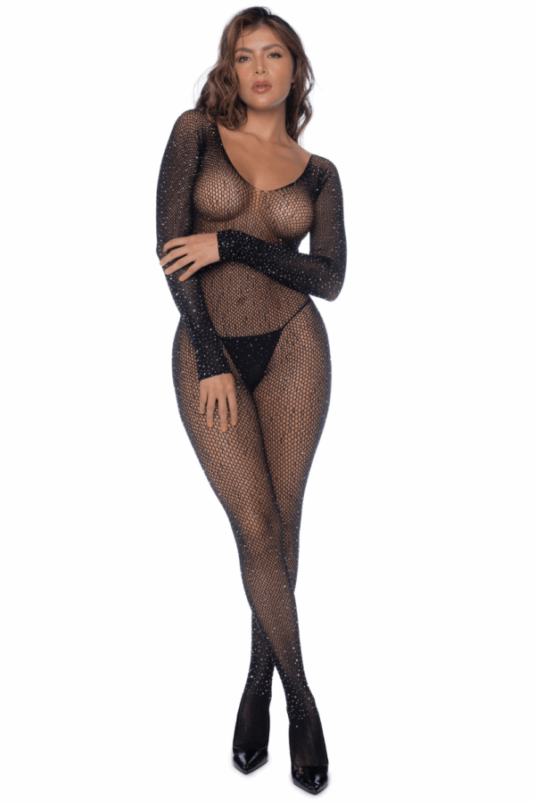 Combinaison noire en résille ornée de strass - MAL1131BKRH