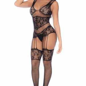 Combinaison Noire Résille Florale Ultra-Sexy Strass Décolleté Glamour