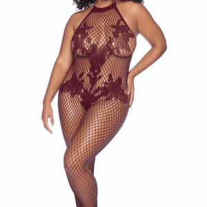 Combinaison Grande Taille Résille Cerise Motifs Floraux Dos Échancré