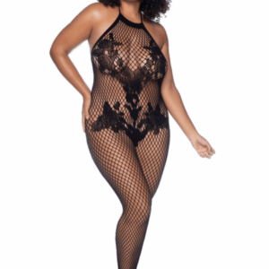 Combinaison Grande Taille Résille Noire Motifs Floraux Dos Échancré