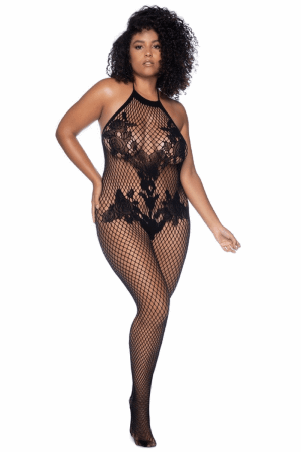Combinaison grande taille en résille noire - MAL1116XBLK
