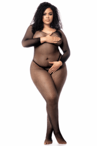 Combinaison grande taille manches longues en résille noire - MAL1102XBLK – Image 2