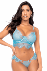 Ensemble Lingerie Dentelle Bleue Soutien-Gorge Armatures String Assorti Femme – Image 2