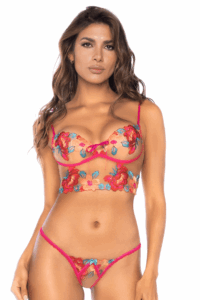Ensemble Brodé Florale Rose Bleu Bustier String Ajustable Féminin – Image 3
