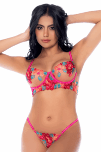 Ensemble Lingerie Brodé Floral Rose Bleu Soutien-Gorge Armatures String – Image 2