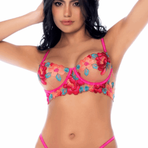 Ensemble Lingerie Brodé Floral Rose Bleu Soutien-Gorge Armatures String