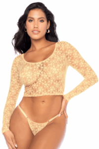 Ensemble 2 pièces en dentelle jaune pastel, crop top et string - MAL8918LYLW – Image 2