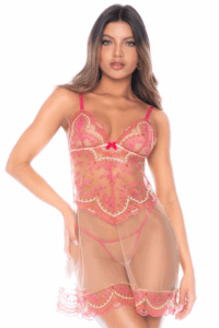 Nuisette en résille brodée avec string - MAL7604ROWP – Image 2