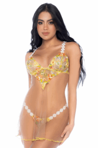 Nuisette Transparente Tulle Brodé Fleurs Marguerites Ajustable String Assorti Élégance Féminine – Image 2