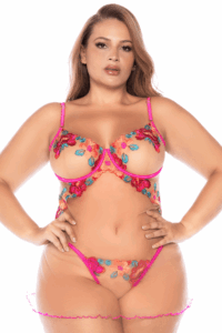 Nuisette grande taille en résille et dentelle florale rose et string assorti - MAL7609XSEGA – Image 3