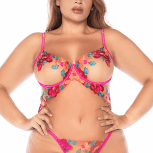 Nuisette grande taille en résille et dentelle florale rose et string assorti - MAL7609XSEGA
