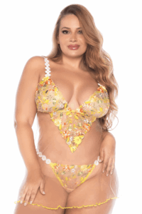 Nuisette Grande Taille Tulle Brodé Marguerites String Assorti Bohème Romantique – Image 2