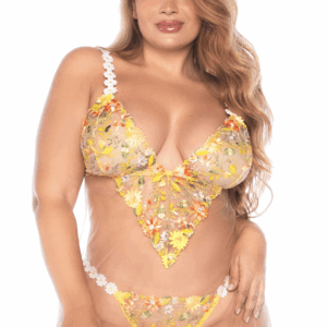 Nuisette grande taille transparente brodée jaune et string - MAL7608XSUBS