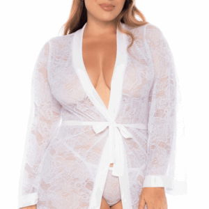Peignoir grande taille en dentelle blanche - MAL7611XWHT