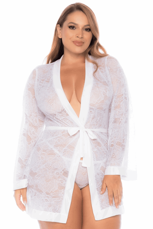 Peignoir grande taille en dentelle blanche - MAL7611XWHT