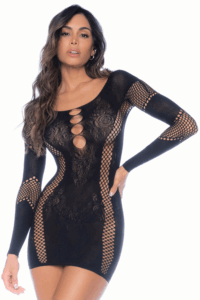 Robe manches longues en résille noire - MAL1117BLK – Image 3