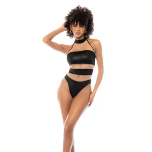 Body Halter Transparent Effet Cuir avec Col Tour de Cou Sensuel