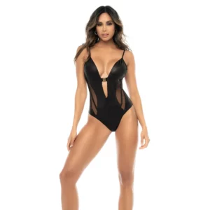 Body gainant en simili cuir et tulle transparent avec fermeture ajustable