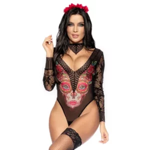 Costume sexy déesse de la mort Catrina en résille et dentelle florale – Image 3