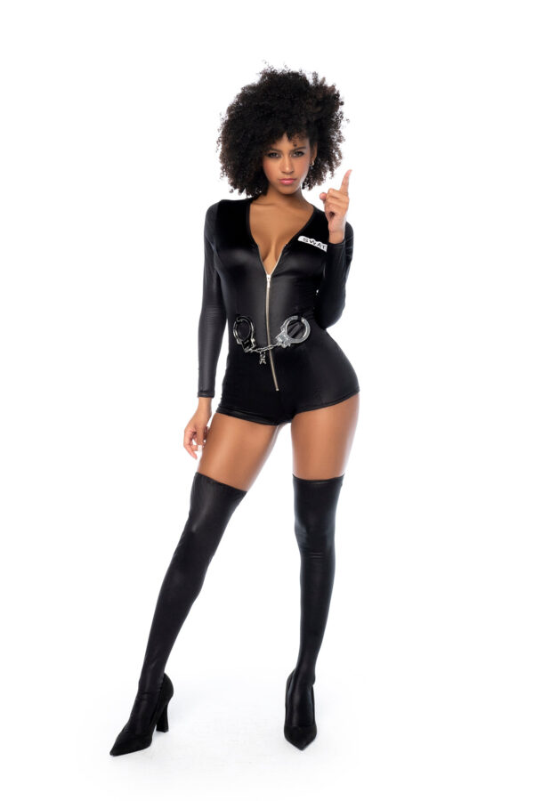 Costume Sexy de Policière SWAT en Tissu Effet Mouillé avec Menottes