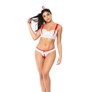 Costume Sexy d'Infirmière de Premiers Secours avec Dentelle et Jarretelles