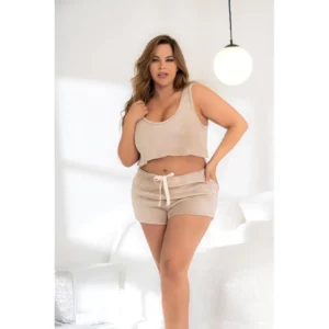 Pyjama Deux Pièces Ultra Doux Effet Velours avec Short Ajustable