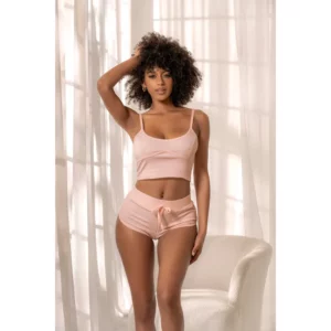 Ensemble Deux Pièces Rose Côtelé avec Haut à Bretelles et Short Assorti