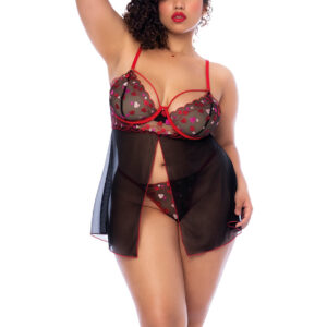 Nuisette Sweet Hearts avec Cœurs Brodés et String Assorti Plus Size