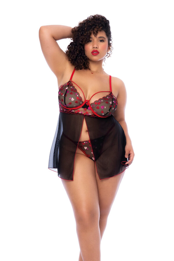 Nuisette Sweet Hearts avec Cœurs Brodés et String Assorti Plus Size