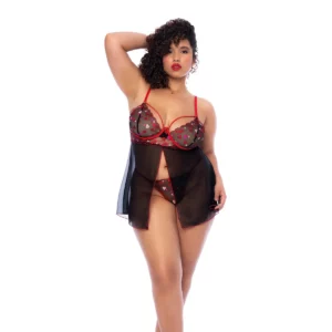 Nuisette Sweet Hearts avec Cœurs Brodés et String Assorti Plus Size