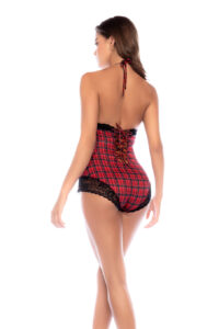 Combinaison courte à carreaux sexy avec dentelle et dos lacé – Image 2