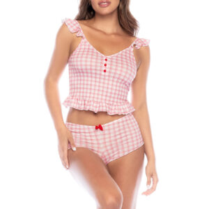 Ensemble Deux Pièces Preppy à Carreaux avec Volants et Nœud Satiné