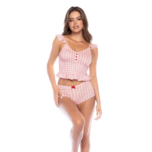 Ensemble Deux Pièces Preppy à Carreaux avec Volants et Nœud Satiné