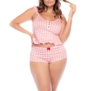 Ensemble deux pièces preppy à carreaux avec volants et nœud satin
