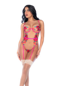 Body brodé Wild Flower avec jarretelles et laçage séduisant – Image 2