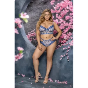 Ensemble deux pièces floral en résille avec dos croisé et côtés ouverts