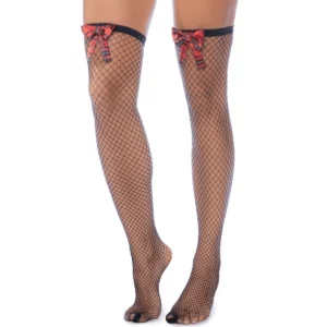 Bas Résille Noire Larges Mailles Nœuds Tartan Écossais Fantaisie Sexy