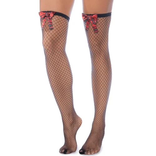 Bas résille larges mailles noirs nœuds tartan écossais fantaisie sexy maintien élastique confortable extensible polyamide élasthanne polyester rétro burlesque séduction