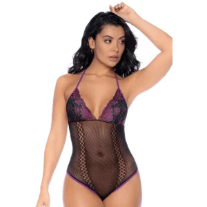 Body Résille Noir Violet Dentelle Florale Mitaines Col Licou – Image 4