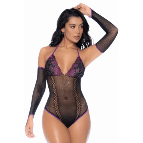 body résille noir violet dentelle florale mitaines col licou sensuel élégant raffiné extensible transparent lingerie sculptant maintien romantique glamour séduisant